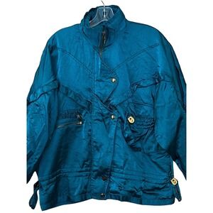 Vintage Lavon Petites Track Jacket Womens PM Teal Green Satiny 1993 Windbreaker